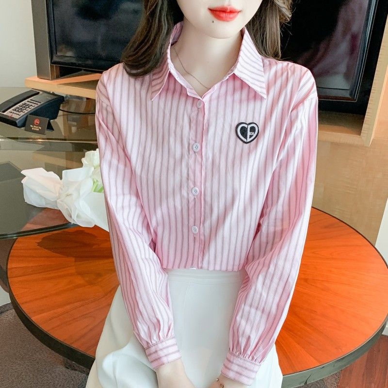 2026 New Women s Embroidered Cotton Shirt, Fashionable and Youthful Striped Long Sleeve Blouse S розовый