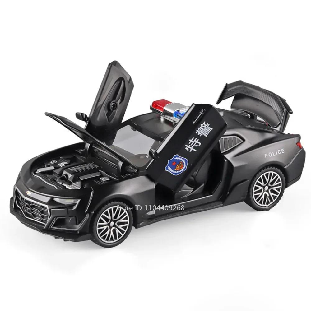 1:32 Scale Camaro Alloy Diecast Model Sports Car Toy Sound Light Doors Opened Police Vehicles Toys for Child Birthday Gifts