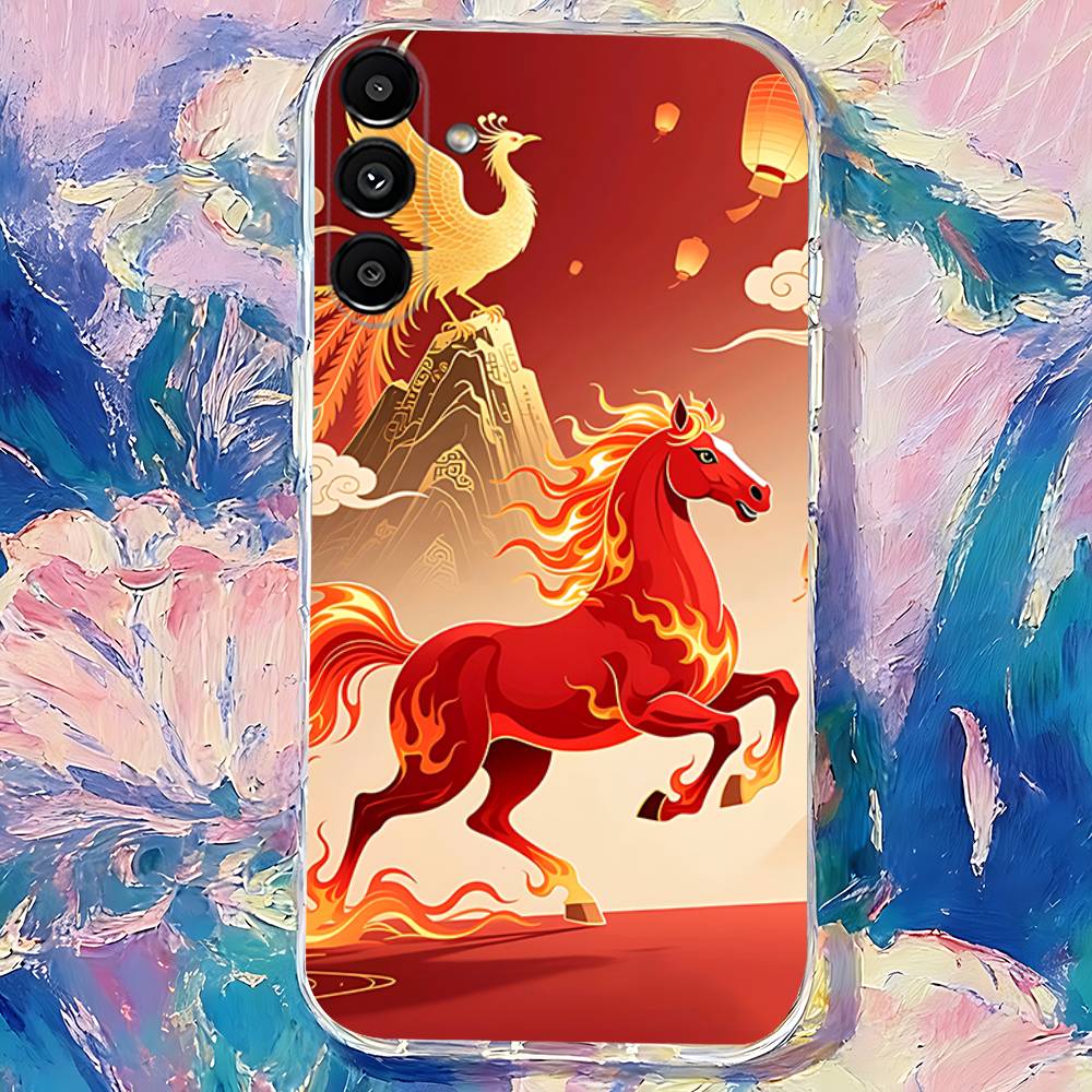 Chinese-Style Red Horse Phone Case For Samsung S24,S25,S30,S23,S21,S22,S20,S10,5G,FE,lite,PIus,Ultra Clear Transparent Cover
