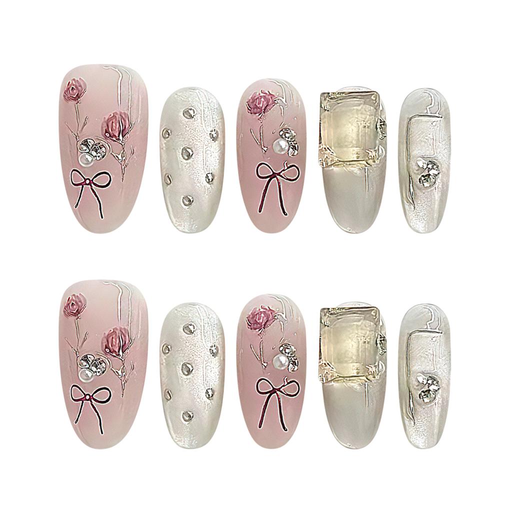 10Pcs Pearl Bowknot Artificial Nails With Rhinestones For Women