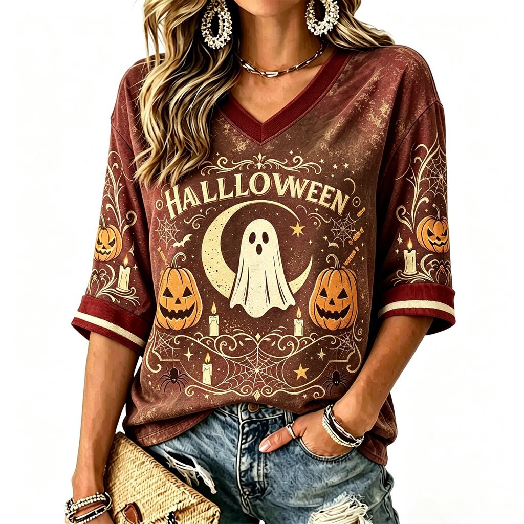 Women's Casual Halloween Print V-Neck T-Shirt for Holiday Party