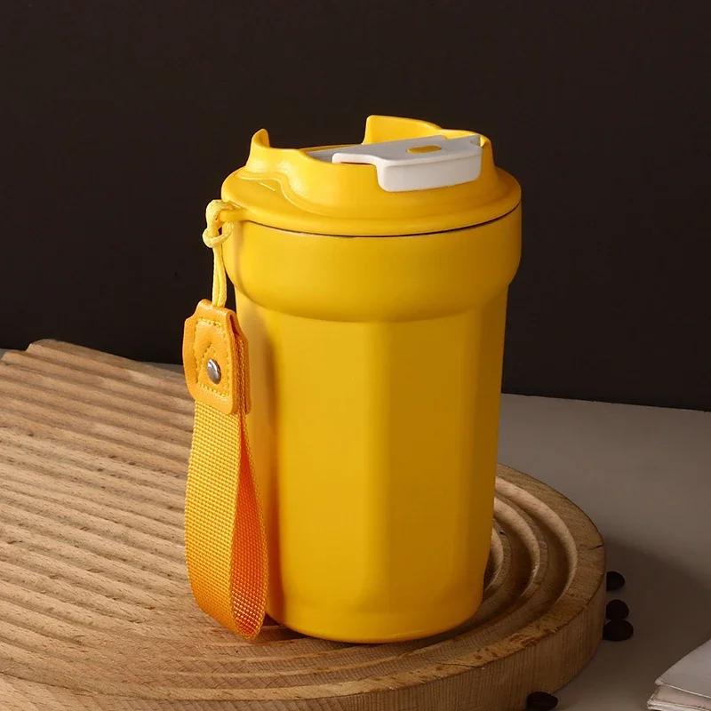 Portable Coffee Cup Double Layer Stainless Steel Thermos Cups with Rope Pure Color Leak-Proof Outdoor Travel Office Water Bottle