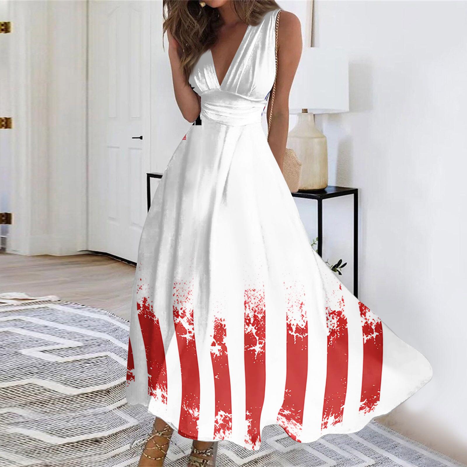 

Sleeveless V Neck Maxi Dress with Flag and Floral Print Lightweight Fabric Casual Loose Fit for Women Summer Beach Wear XL кавун червоний колір
