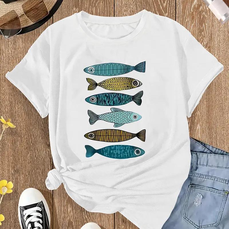 Women Summer T Shirt Retro Fashion Short Sleeve Tees Casual Fish Printed  Tops