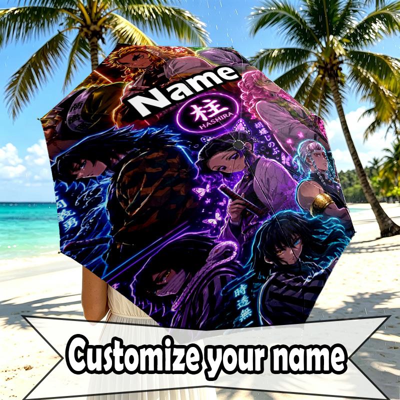 Custom Name Personalized Demon Slayer Print Umbrella, Auto Open Close, 8‑Rib Sturdy Frame, Commute Camping Hiking Use, Birthday Gift