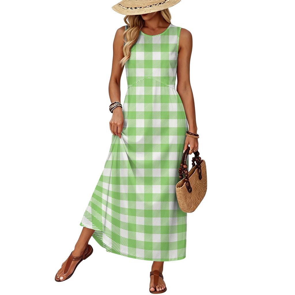 Women Sleeveless Summer Dress Casual Loose Fit Maxi Dress with Pockets Beach Vacation Sundress Lightweight Comfortable
