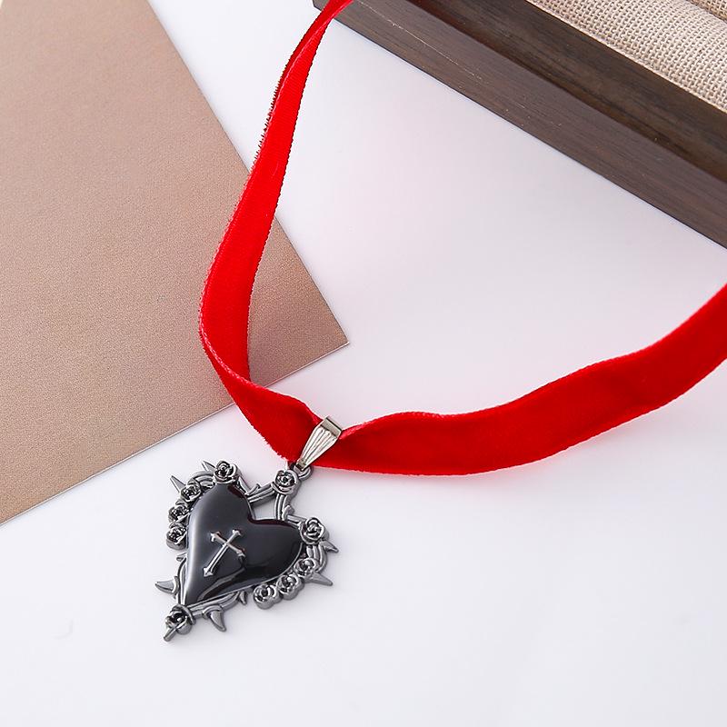 Gothic Halloween Heart Choker with Thorns, Velvet Rose, & Cross Pendant