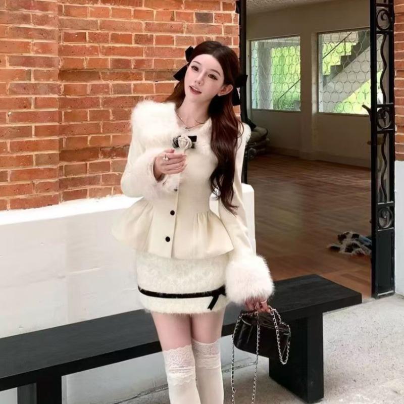 

Зимняя новая женская шерстяная куртка с завышенной талией, костюм с юбкой S белый