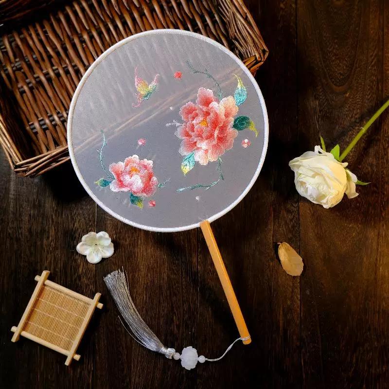 Ancient Style Round Fan, Chinese Style Suzhou Embroidery, Double-Sided Embroidery, Pink Fairy Fan, Embroidery Craft Fan, Dance Fan, Hanfu Round Fan