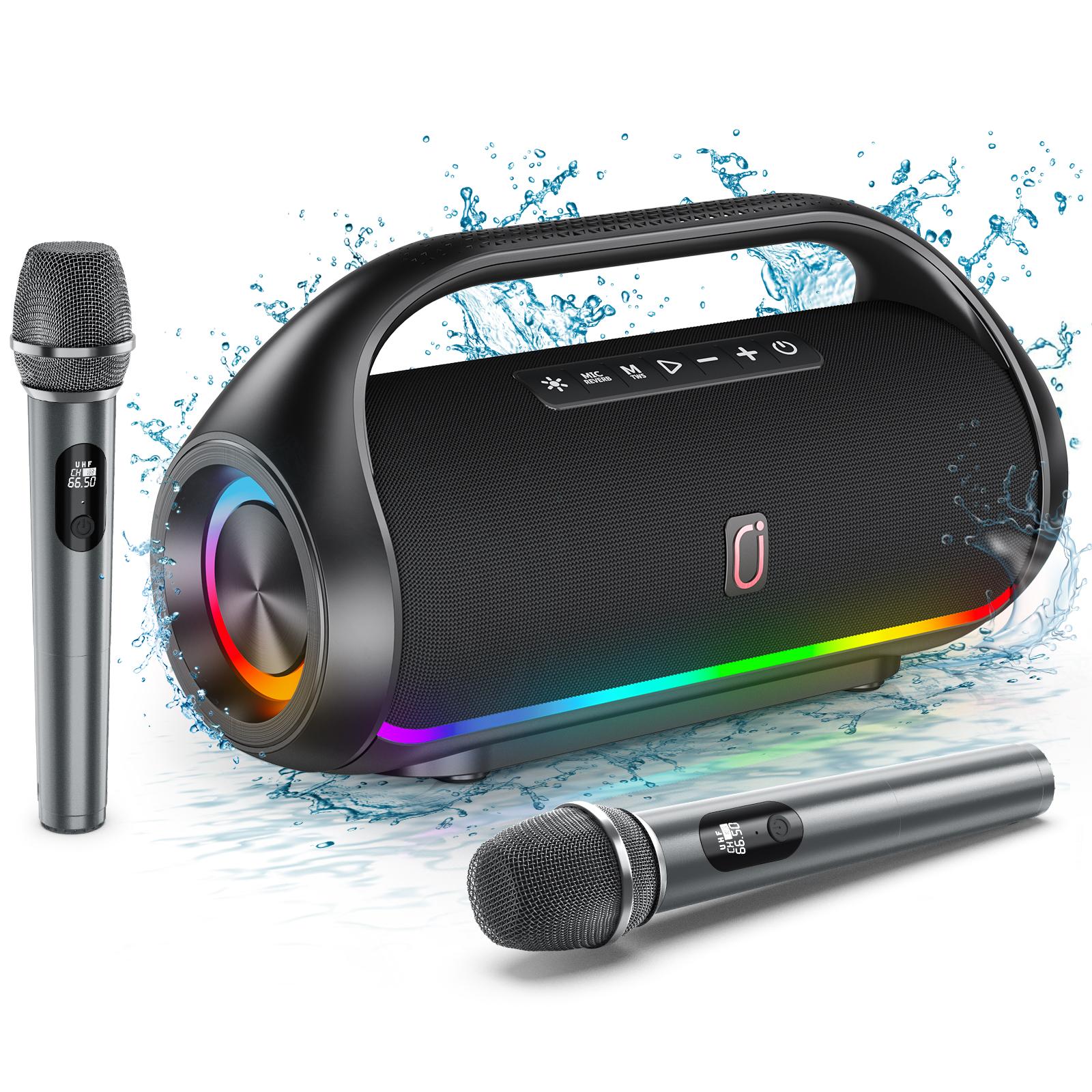 

Portable Bluetooth Speaker with 2 Wireless Microphones, IPX5 Waterproof Speakers with Deep Bass & LED Lights