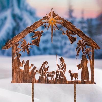 2D Flat 1-Piece Iron Nativity Silhouette Garden Decoration Stake, Suitable for Law