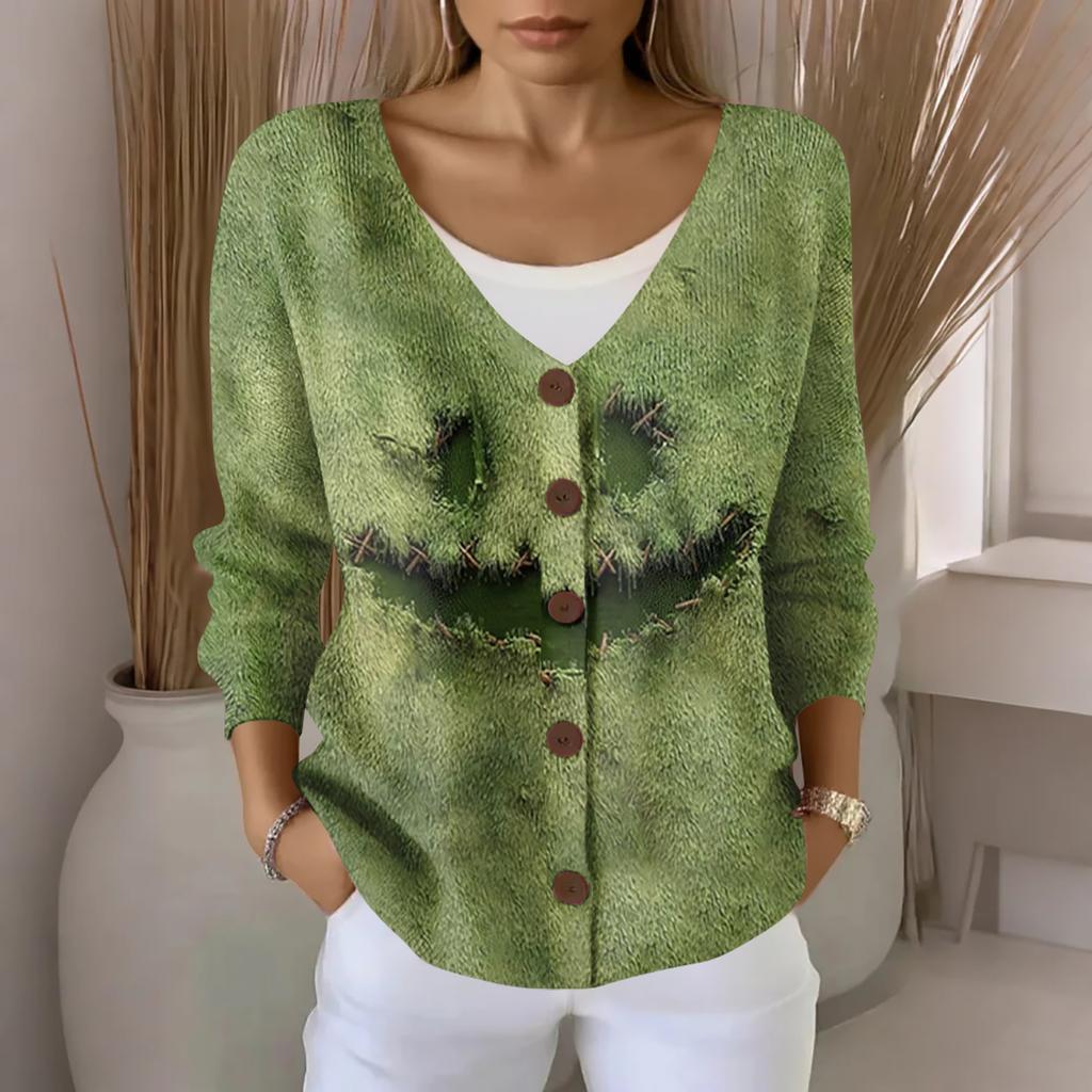 Women's Fashion Casual Knit Sweater Button-Up Halloween Printed  Cardigan Jacket