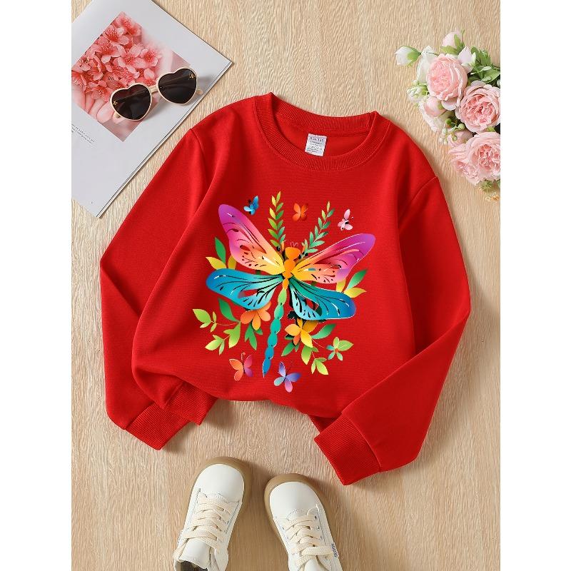 European Sizes Vibrant Dragonflies And Butterflies Crew Neck Sweatshirt for Girls, Autumn Winter Long-Sleeved Western Top.