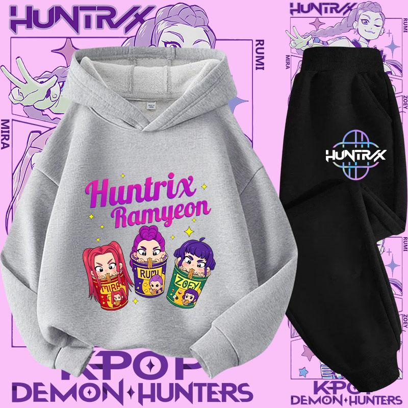 New K-pop Demon Hunter 3 - 12-year-old Girls' Sportswear 2-piece Cute Casual Top Children's Hooded Shirt Set with Cartoon Print