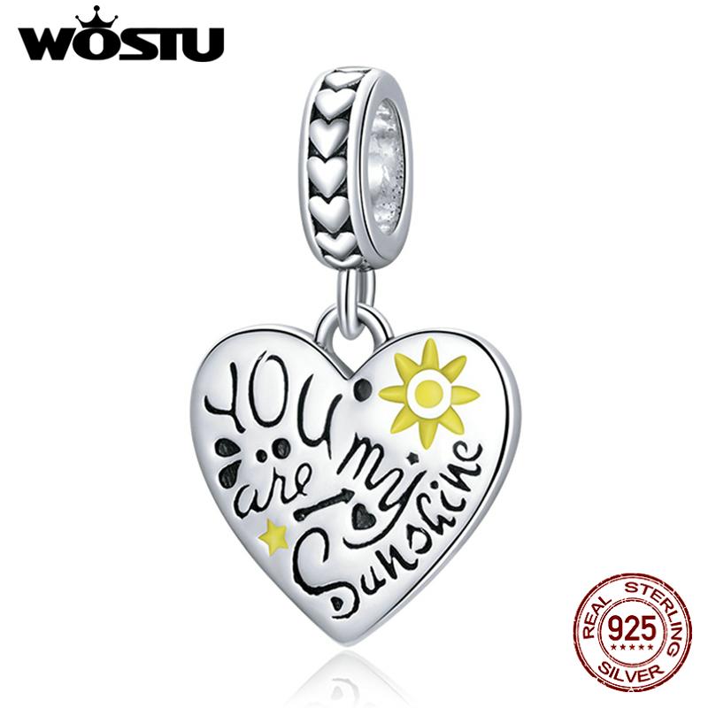 

WOSTU Изысканная бирка в форме сердца и маленький желтый цветок, эмаль, подвеска из стерлингового серебра 925 пробы, бусина для женщин, Высокое ювелирное искусство 925 silver