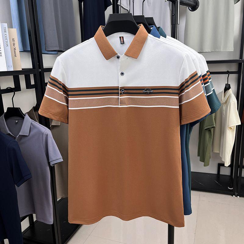 

Men s Color Block Striped Polo Shirt Short Sleeve Business Casual Top Breathable Summer Polo XXXL хакі