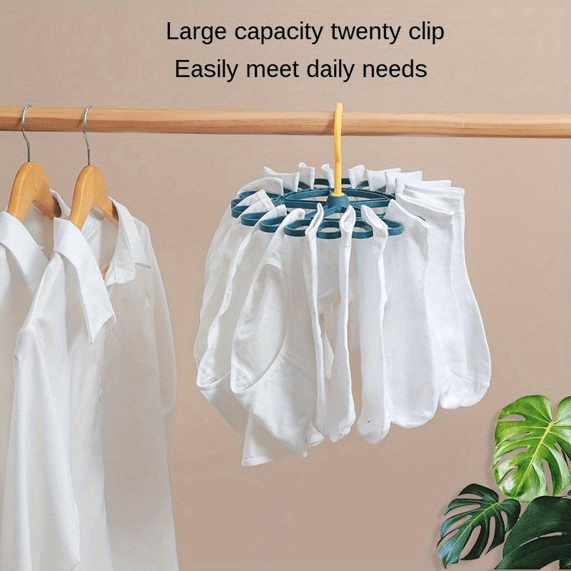 1pc Multi-functional Rotating Sock Rack 20-Clamp Hanging Design,for Balcony/Dorm/Laundry Room Space-Saving, Plastic Material, Drying Racks