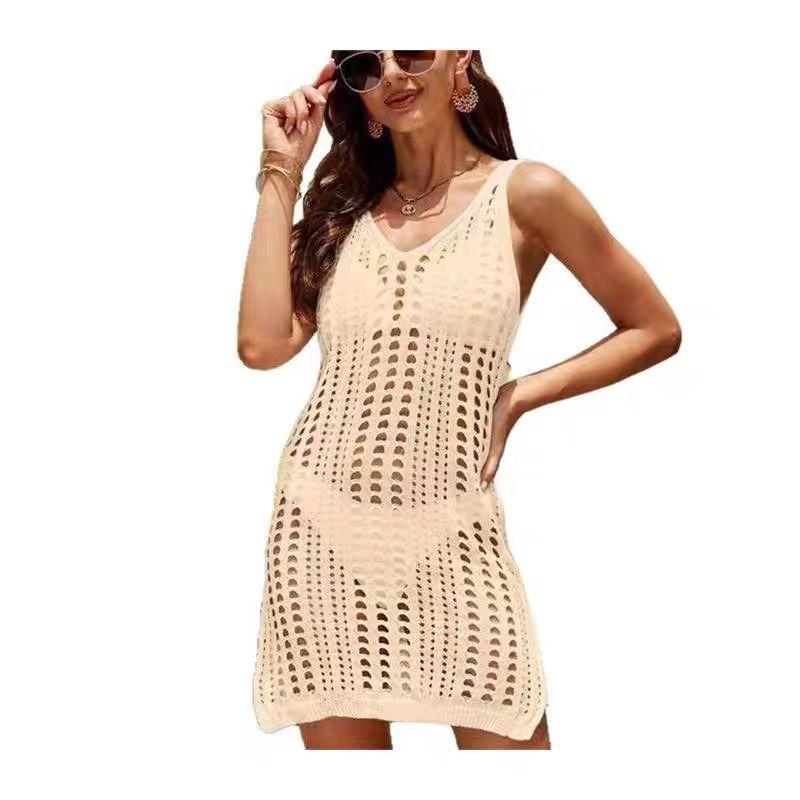 Fashion Knitted Hollow Out Tank Top Beach Cover Up Dress Summer Vacation Bikini Sunscreen Shirt Short Beach Dress Holiday Elegant Loose Clothing
