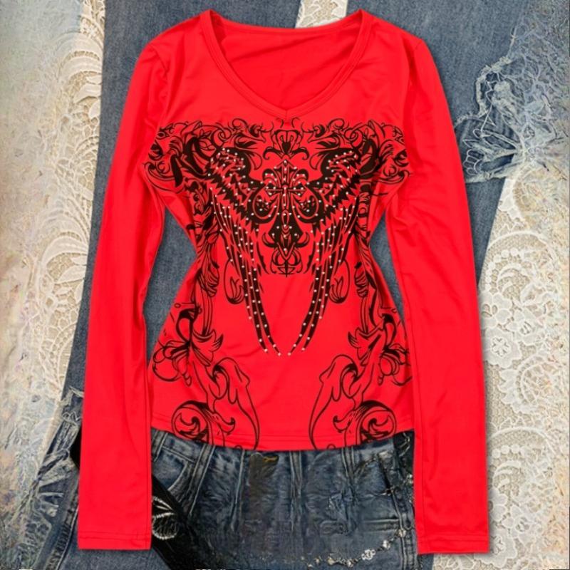 Y2K Spring and Autumn Printed Tight Fit Fit Top Round Neck Women's Wear