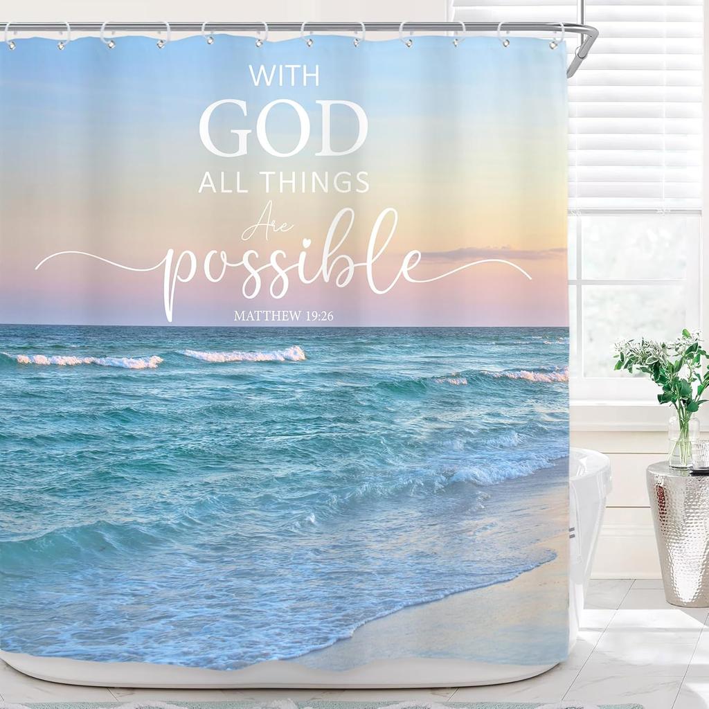 Ocean Beach Shower Curtain Bathroom Decorative Beach Hawaiian Art Print Fabric Shower Curtain Waterproof 12 Plastic Hook