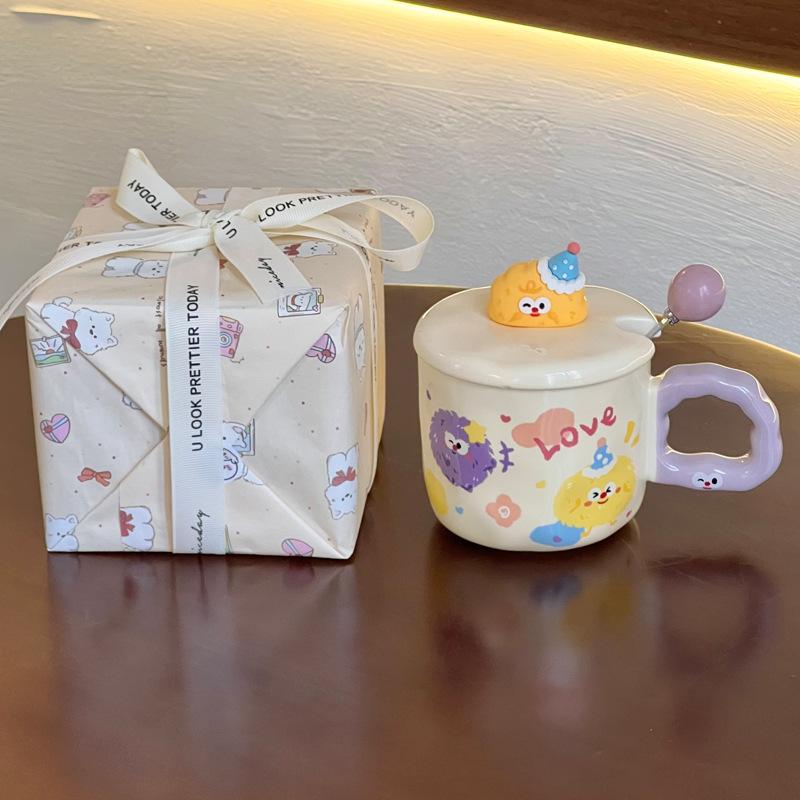 Cute Cartoon Coal Ball Ceramic Mug with Lid Couple Water Cup Girl Birthday Gift Girlfriend Souvenir Gift Box