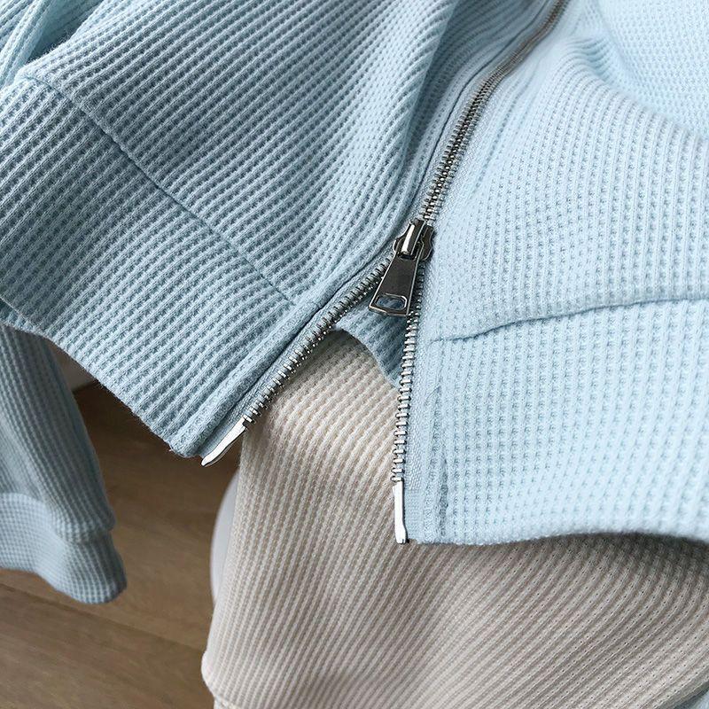Women's Autumn Cotton Waffle Jacket, Korean Style, Loose Design, Double Zipper Cardigan
