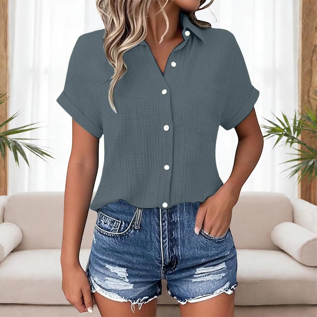 Top Camicia Casual da Donna Estiva a Maniche Corte con Tasca a Bottone e Collo a Revers Colorato