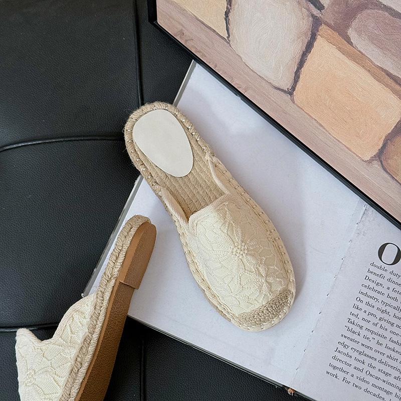 Atemberaubende Farbe~ Stroh Fischer Schuhe Tasche Kopf Halbschlepp 2024 Sommerkleidung bestickte Slipper flache Hausschuhe kleiner duftender Wind