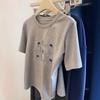 Women's Gray Embroidered Retro Short Sleeve T-Shirt - 2025 Spring Casual Loose Fit Base Layer
