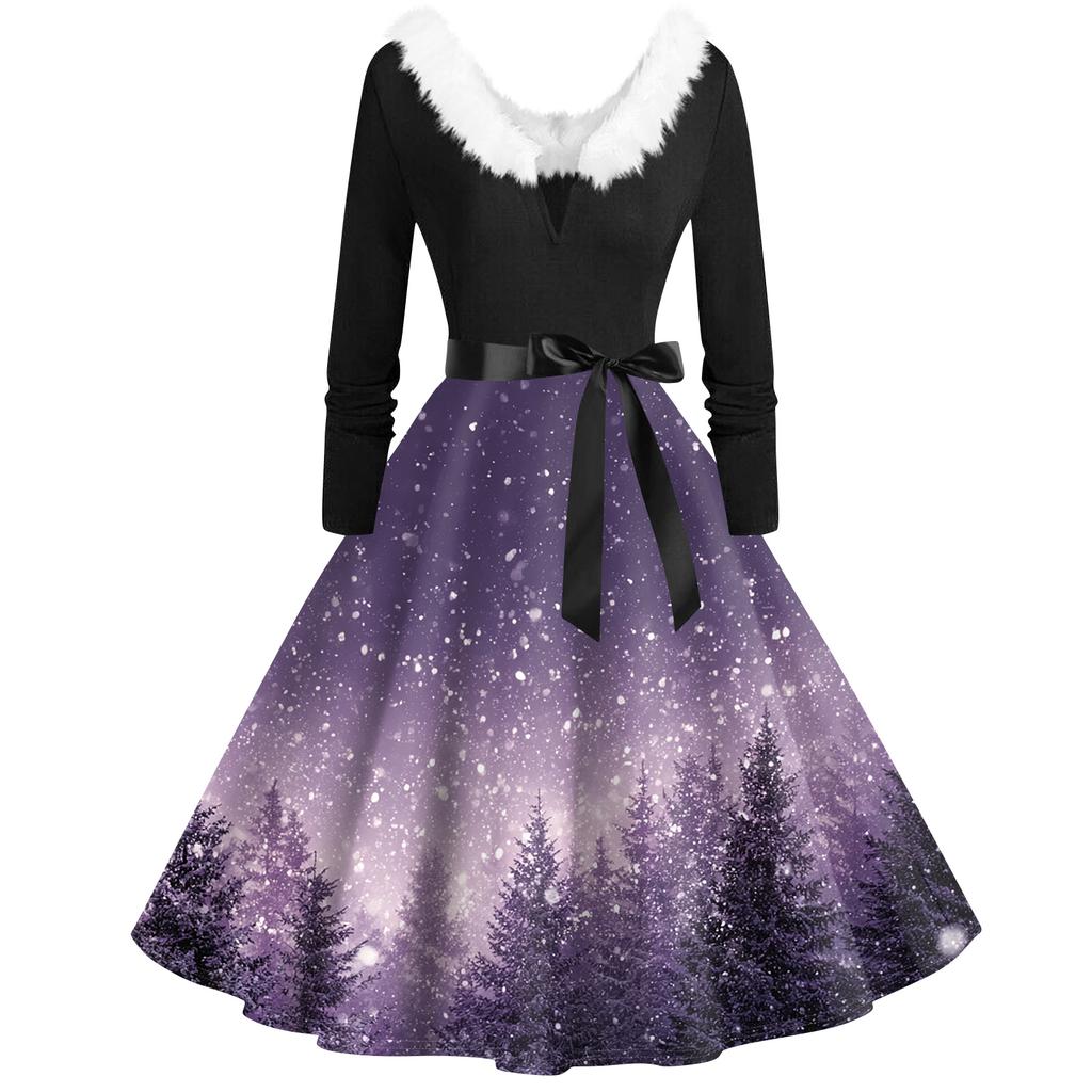 Women's Fashion V-Neck Casual Slim Christmas Printed Long Sleeve Hair Collar Dresses
