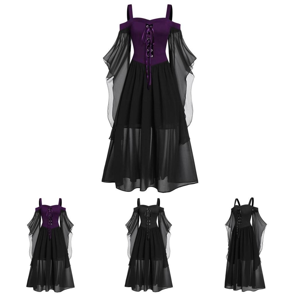 Halloween Witch Dress Gothic Medieval Cosplay Costume Off Shoulder High Quality Polyester Fabric