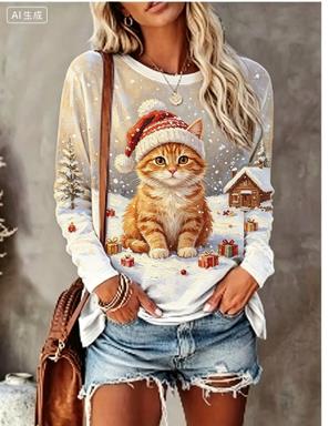 Women Long Sleeve T‑Shirt Christmas Rabbit With Scarf Winter Snow Scene Print Crew Neck Loose Casual Holiday Tops
