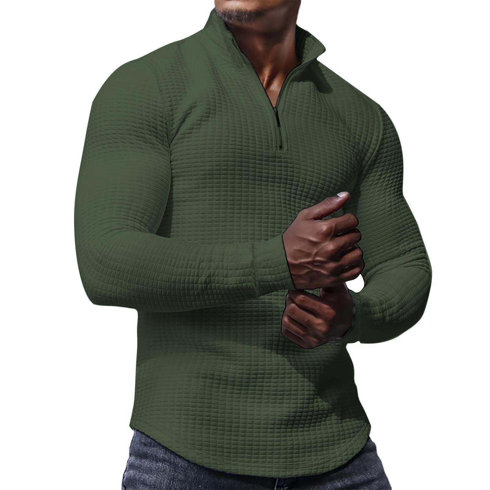 

Men s Spring and Autumn Small Checkered Sweater Stand-up Collar Half-section Zipper Long-sleeved Jacquard Men s Tops Are Trendy and Versatile XXXL армія зелений колір
