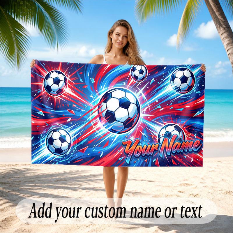 Soccer Theme Beach Towel Personalized Custom Name & Text Soft Quick Dry Beach Towel for Swimming Travel