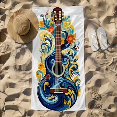 1pc Floral Acoustic Guitar Design 2D Printed Microfiber Beach Towel, Quick Dry Super Absorbent. Great for Beach, Pool