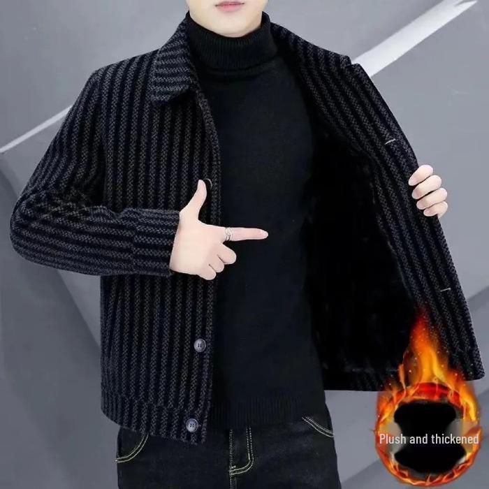 Men's High-End Wool Blend Striped Coat - Cozy Lapel Jacket for Autumn & Winter