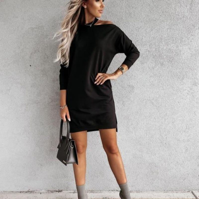

Autumn New Arrival Fashion round Neck Halter Sexy off-the-Shoulder Front Short Back Long Side Slit Long Sleeves Dress Dress Black M