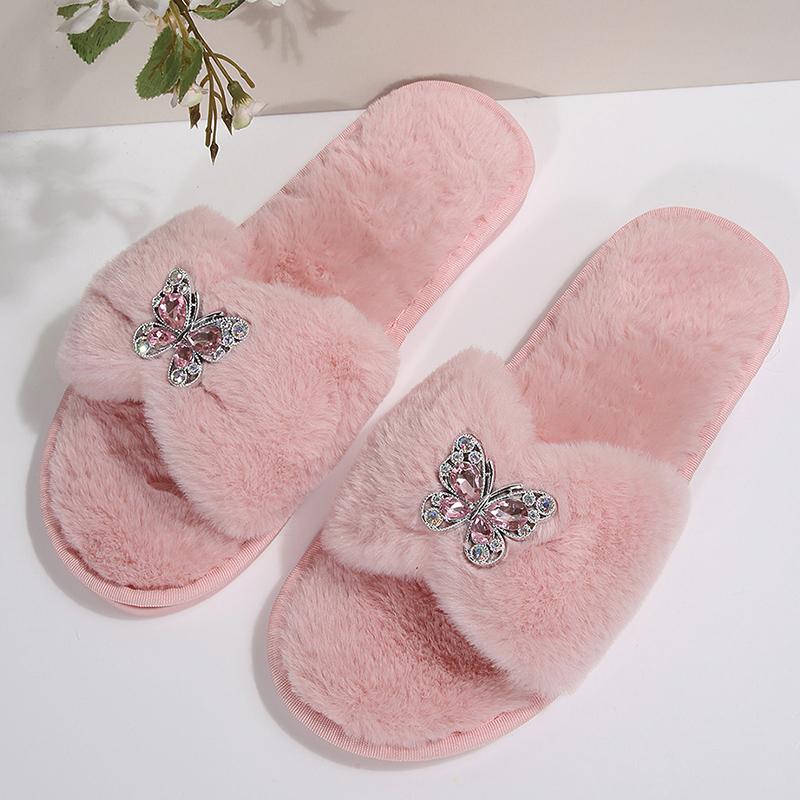 Fashion Elegant Crystal Butterfly Fur Slippers Women Warm Faux Fur House Cotton Slippers Woman Autumn Winter Open Toe Flats Slides Mujer