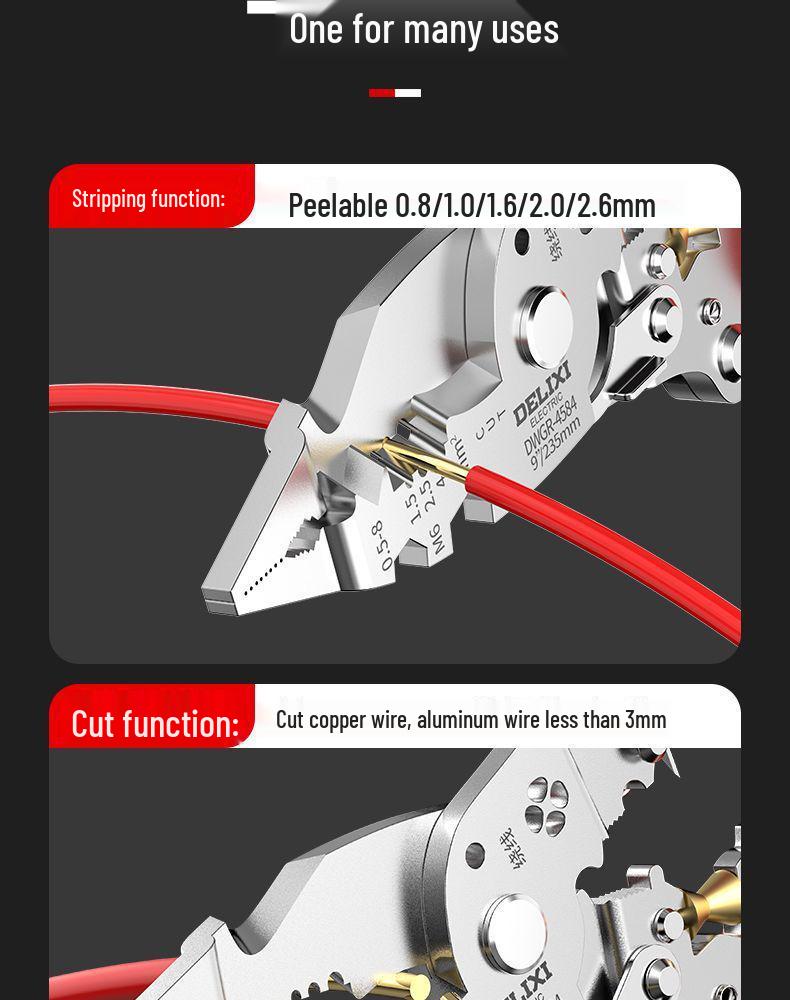 Multifunkční elektrikářské kleště: Nástroj pro stříhání, tahání, odizolování, krimpování, odizolování a navíjení drátů.