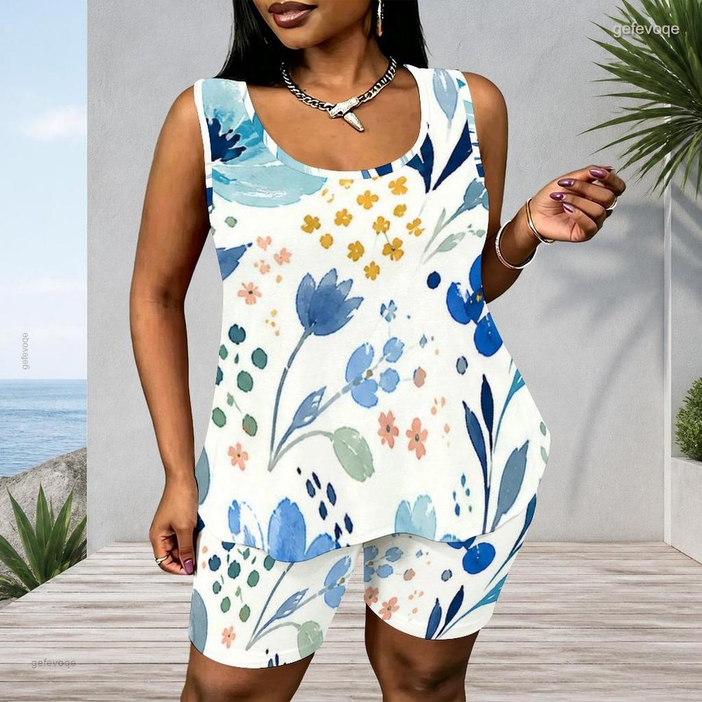 Women Plus Size Blue Black Abstract Printed Scoop Neck Sleeveless Tank Top Fitted Shorts Two Piece Set