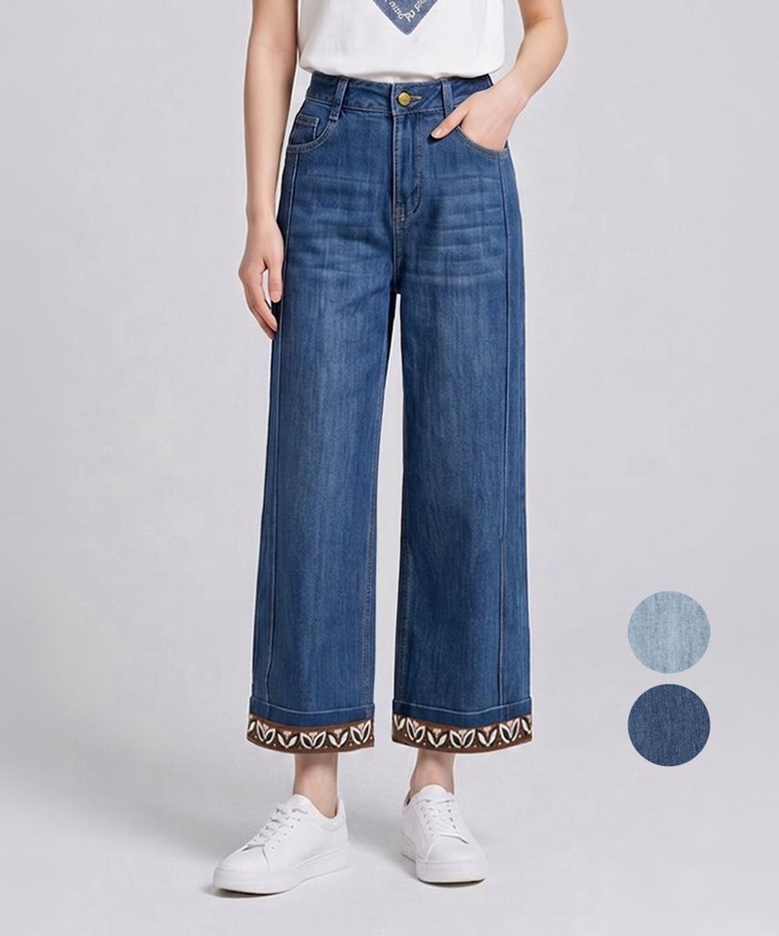 Kim Young Joo Golf Spring/Autumn Embroidered Hem 9/10 Stretch Women'S Wide Jeans Dqsljn70