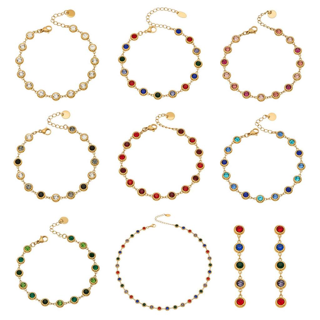 Elegantes Armband- und Halskettenset aus 5A-Zirkonia-Edelstahl mit farbigen Diamantquasten-Ohrringen