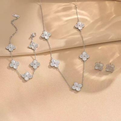 3PCS Titanium Steel Non Fading Double-sided Clover Necklace Bracelet Earring Set