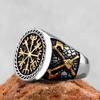 Vintage Viking Stainless Steel Compass Ring Men's Viking Valknut Axe Ring Punk Odin Rune Gold Color Ring Jewelry Gift