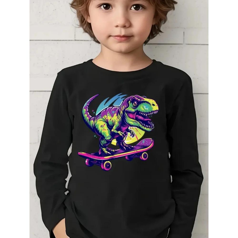 Spring and Autumn Round Neck Funny Cartoon Dinosaurs Pattern 3D Printed Top Fashionable Casual Long Sleeved Children's Boy T-shirts