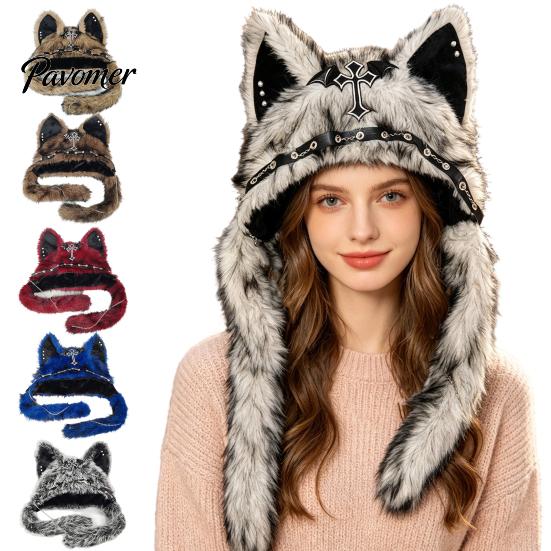 Unique Cosplay Accessories Cute Plush Animal Hat, Furry Cat Ear Headwear, Winter Halloween Party Costume Hat Soft Warm Cap for Costume, Funny