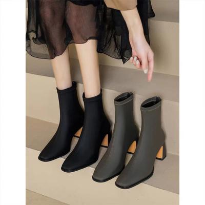 Version coréenne de bottines courtes simples et polyvalentes, nouvelles bottes à talons hauts élastiques françaises à la mode en automne et en hiver 2025