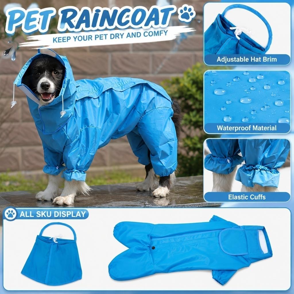 Waterproof Four-Legged Dog Raincoat with Hood Adjustable Closure Lightweight Pet Rain Jacket for Outdoor Protection