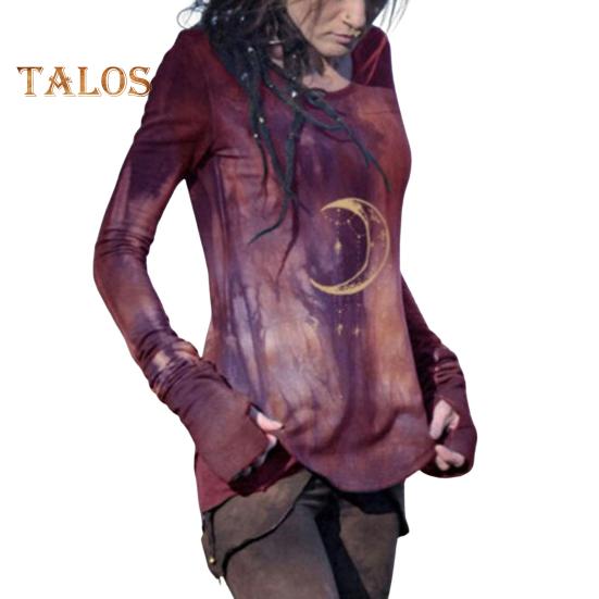 

Женские топы с круглым вырезом и длинным рукавом с принтом луны, облегающая футболка средней длины из эластичной ткани, повседневная одежда M темно-красного