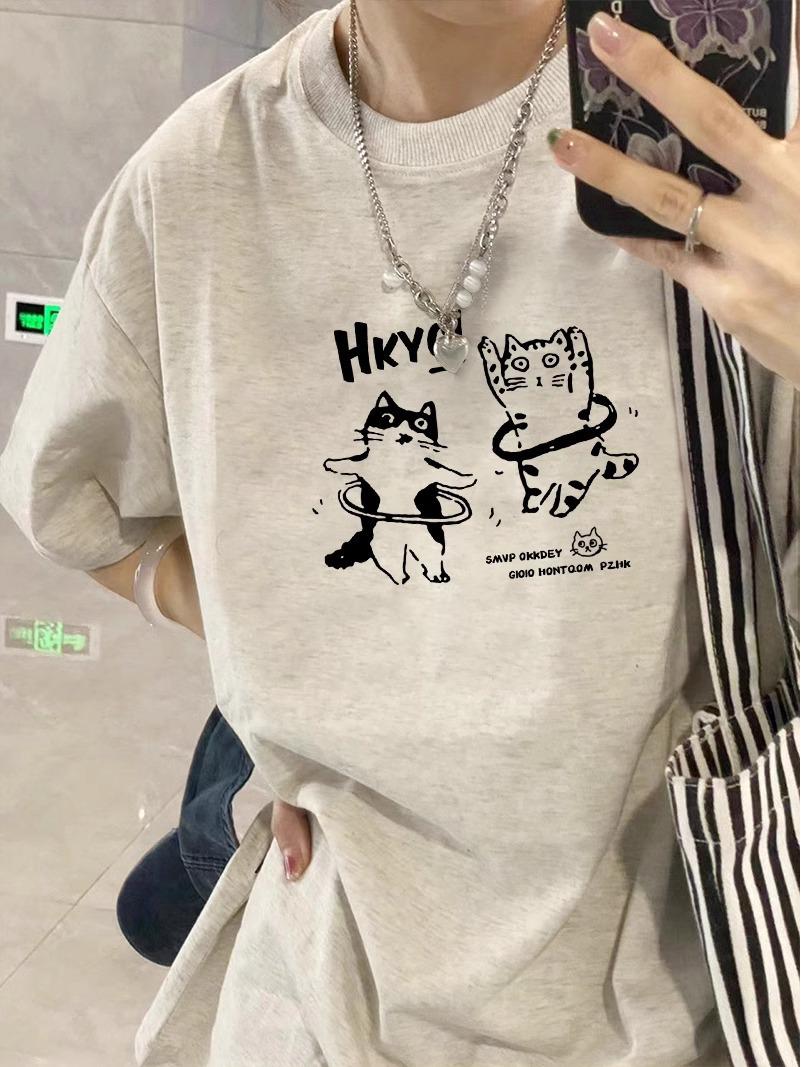 

Women s Cotton Kitten Pattern Retro Short-Sleeve T-Shirt, Summer 2025 Collection L абрикосовий